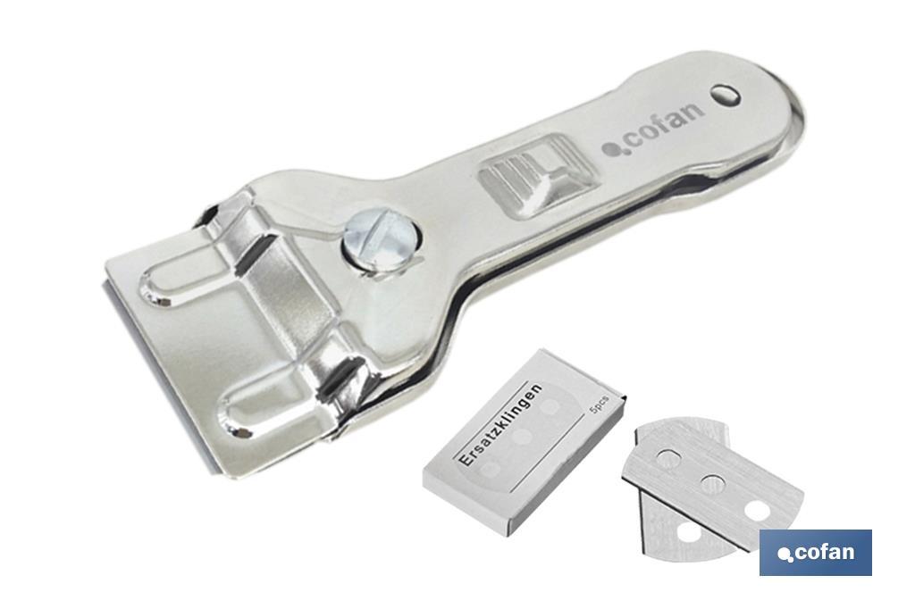 Rasqueta de Vitrocerámica Modelo Sena I Incluye 5 cuchillas I Acero Inox. y níquel | Medidas 13,5 x 4,5 cm